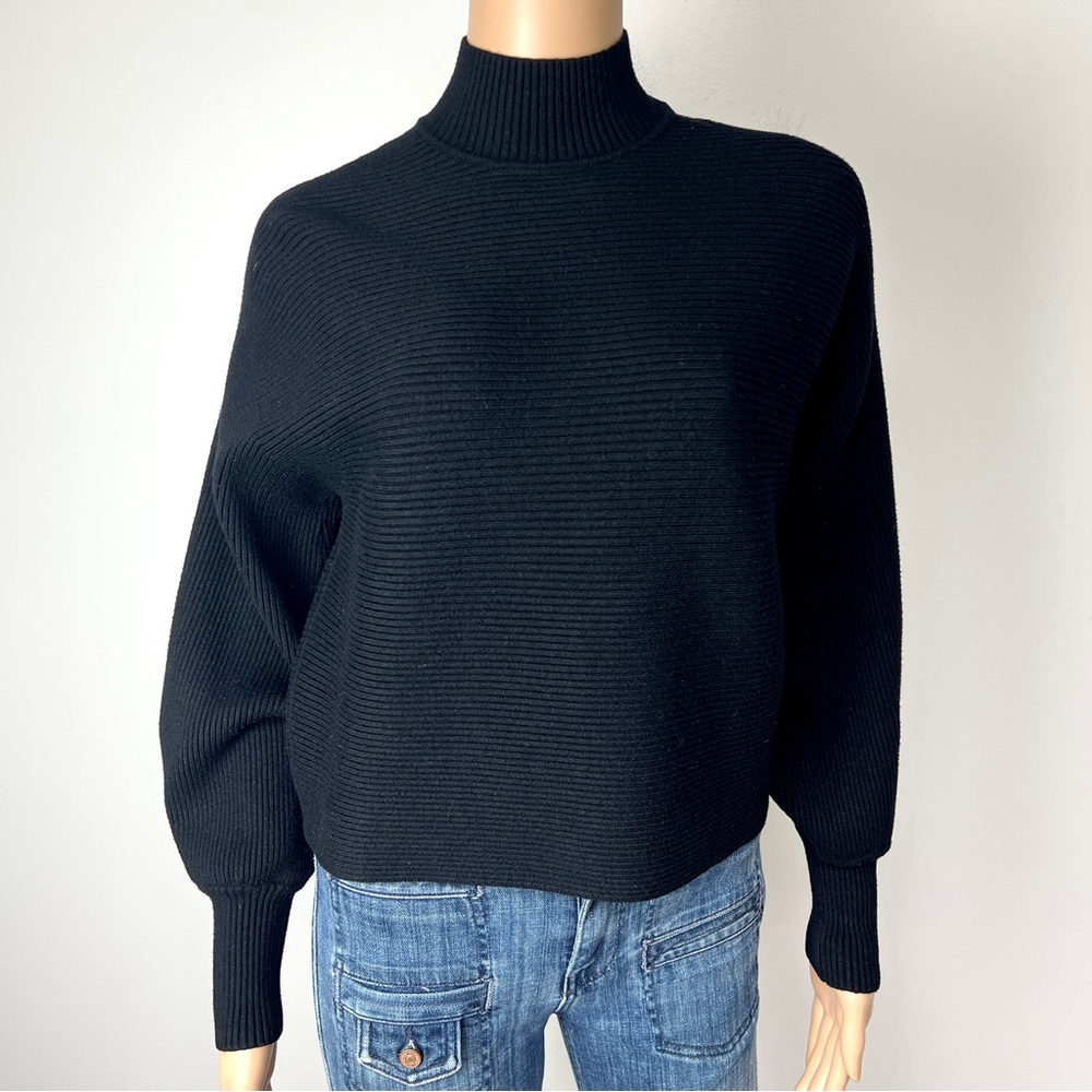 Zara Black Cropped Turtleneck Puff Sleeve Thick Knit Sweater